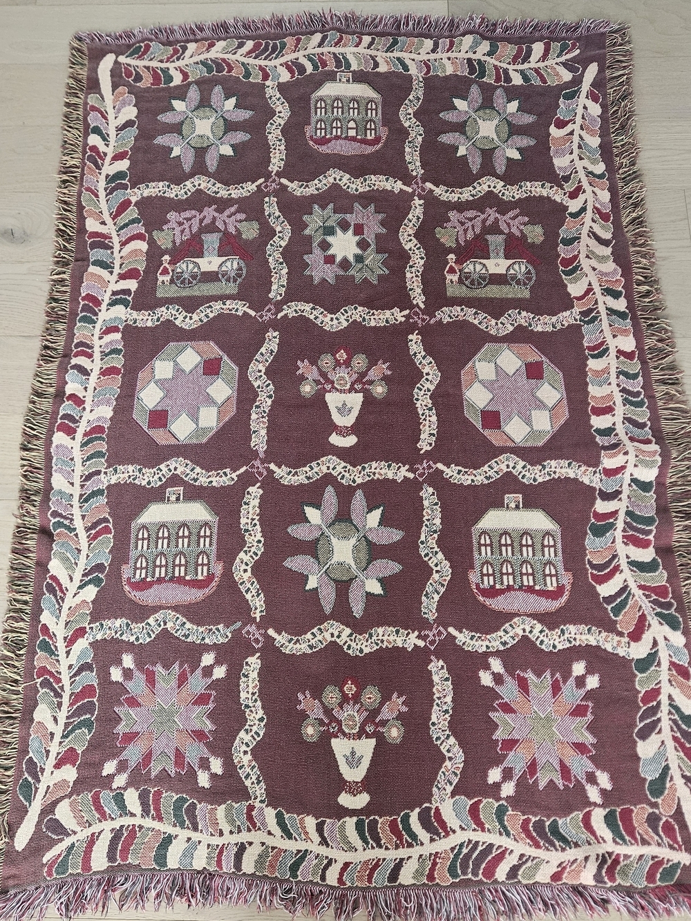 Vintage Folk Art Woven Tapestry Throw Blanket Reversible Colonial Country Scene